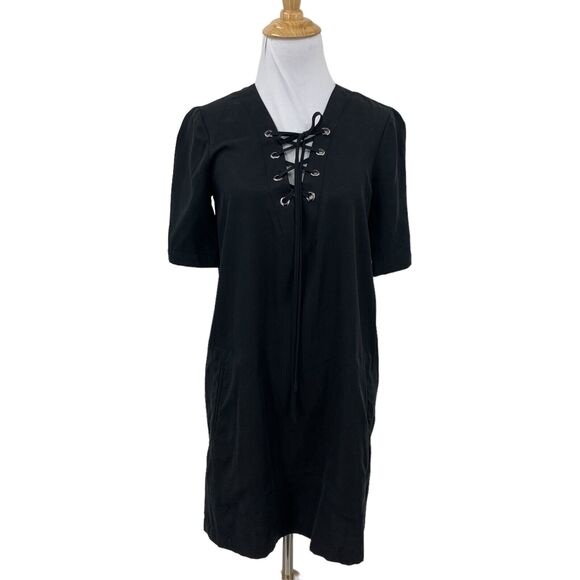 BCBGeneration Shift Mini Shirt Dress Womens XXS 2XS Black Lace Up Pockets - Picture 2 of 16